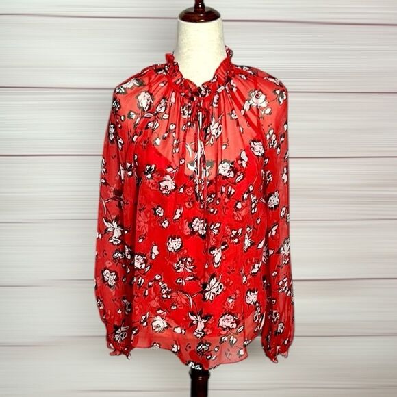 NWOT Veronica Beard Silk Blouse Red Floral Ruffle Trim Long Sleeve Top US 8 - Picture 3 of 16